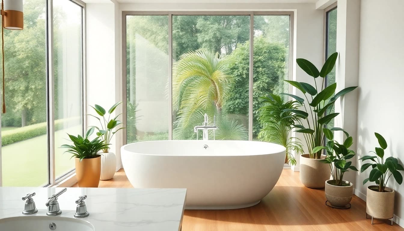 Experience elegant bathrooms featuring a freestanding bathtub, potted plants, and modern design.