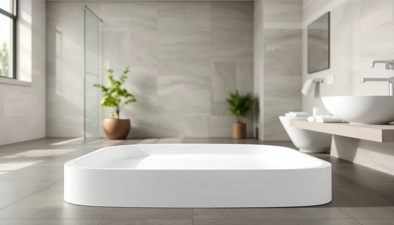 Explore a sleek shower base with modern design and reflective surfaces in a chic bathroom setting.