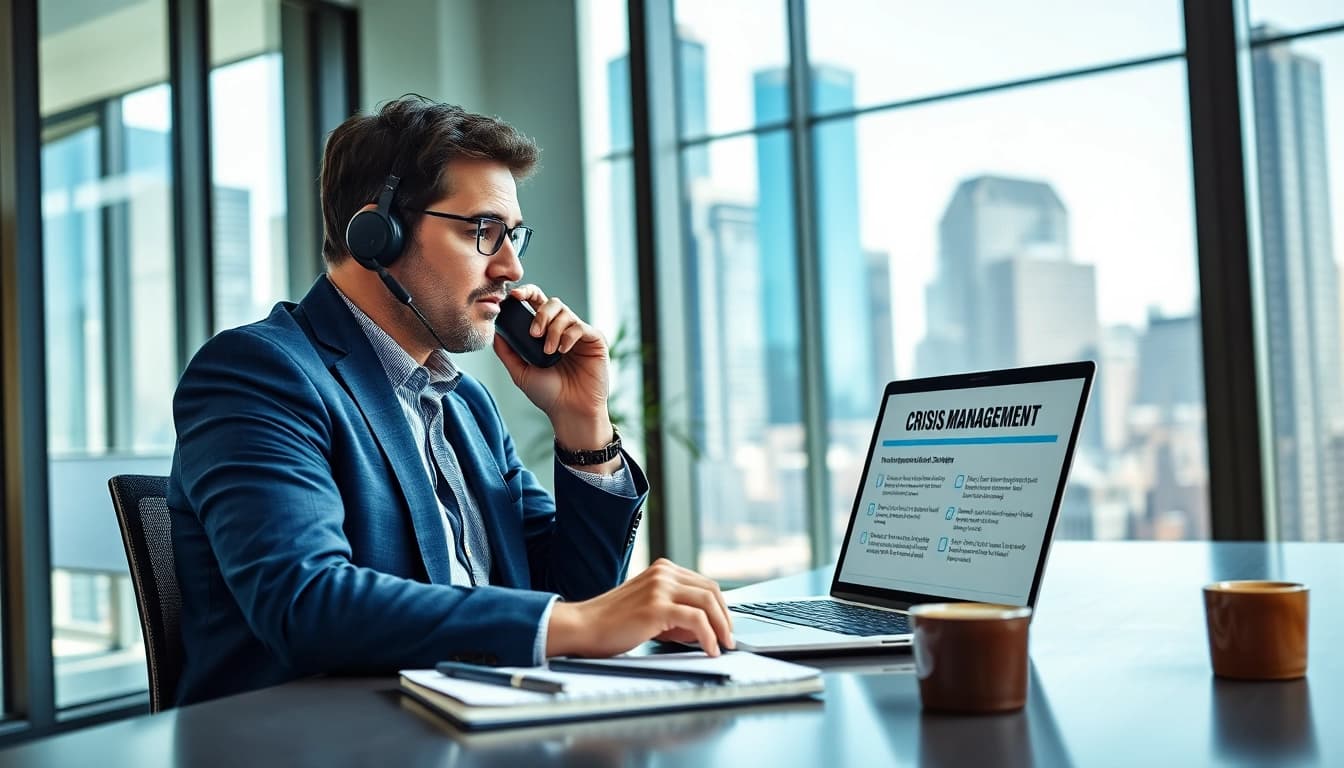 Focused crisis management consultant discussing strategies with a client.