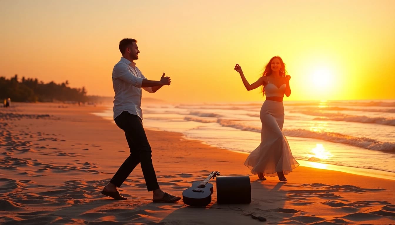 Couple performing Caribbean Dance on a beach at sunset showcasing joy and fluid movements.