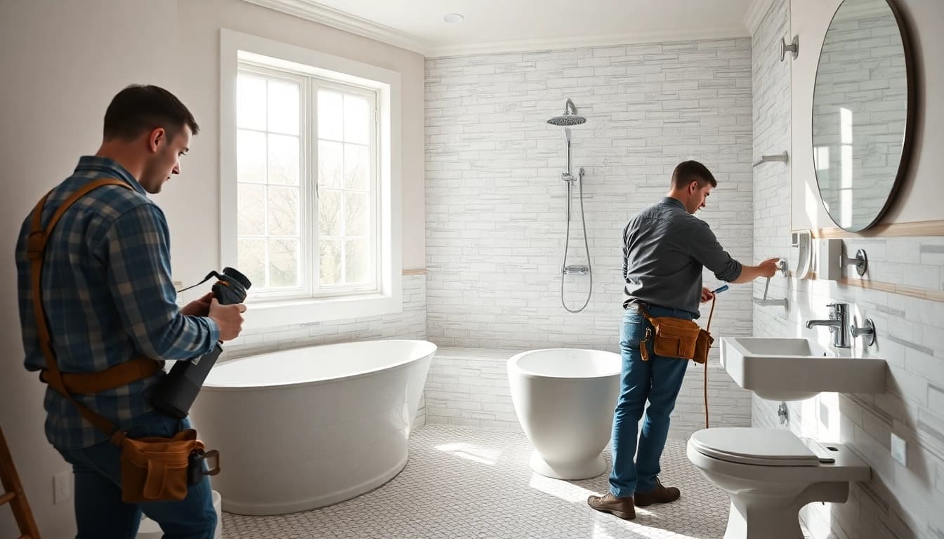 Bathroom installers skillfully transforming a modern bathroom with elegant fixtures and tile work.