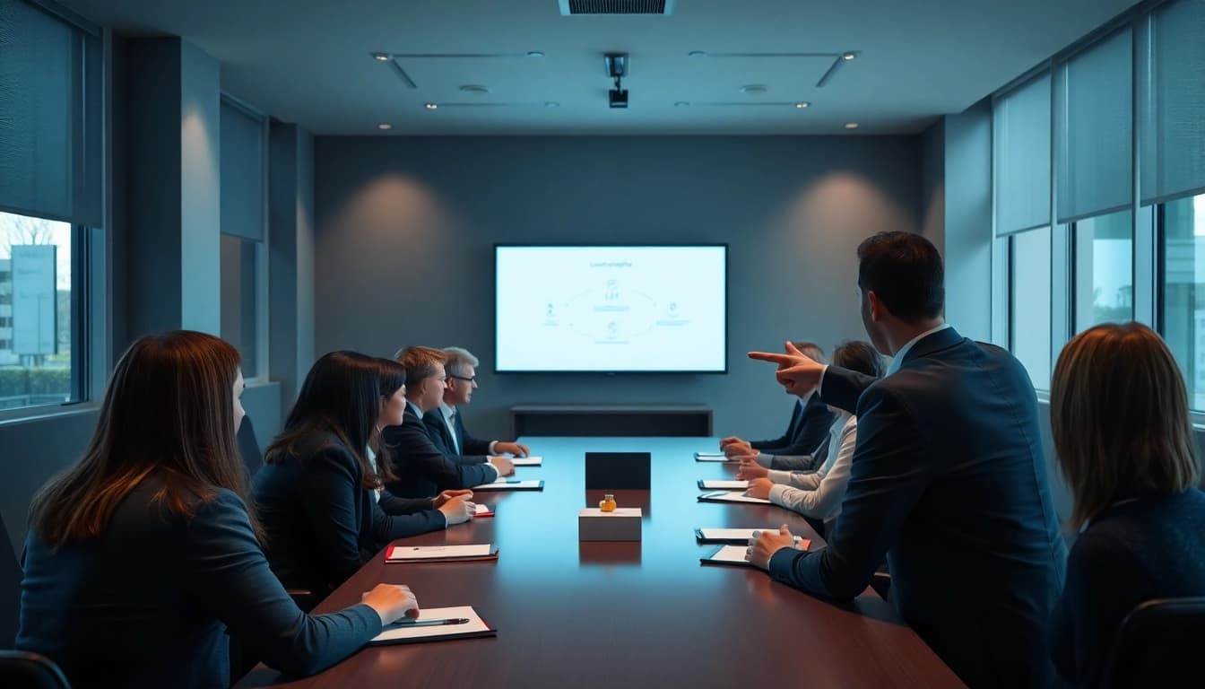 Enhancing Leadership Communication in a corporate boardroom with a confident speaker addressing a focused audience.