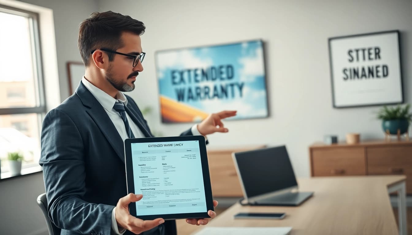 Reviewing extended warranty coverage options with a professional advisor in an office.