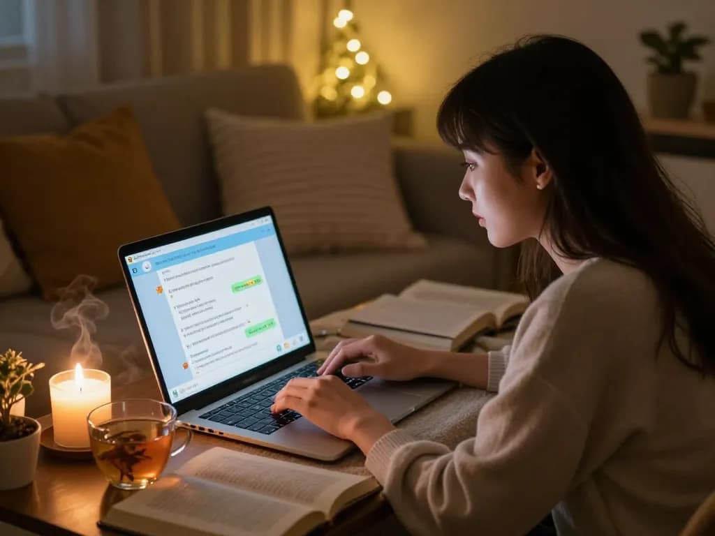 Cozy scene of engaging in sex chat AI conversations with warm lighting.