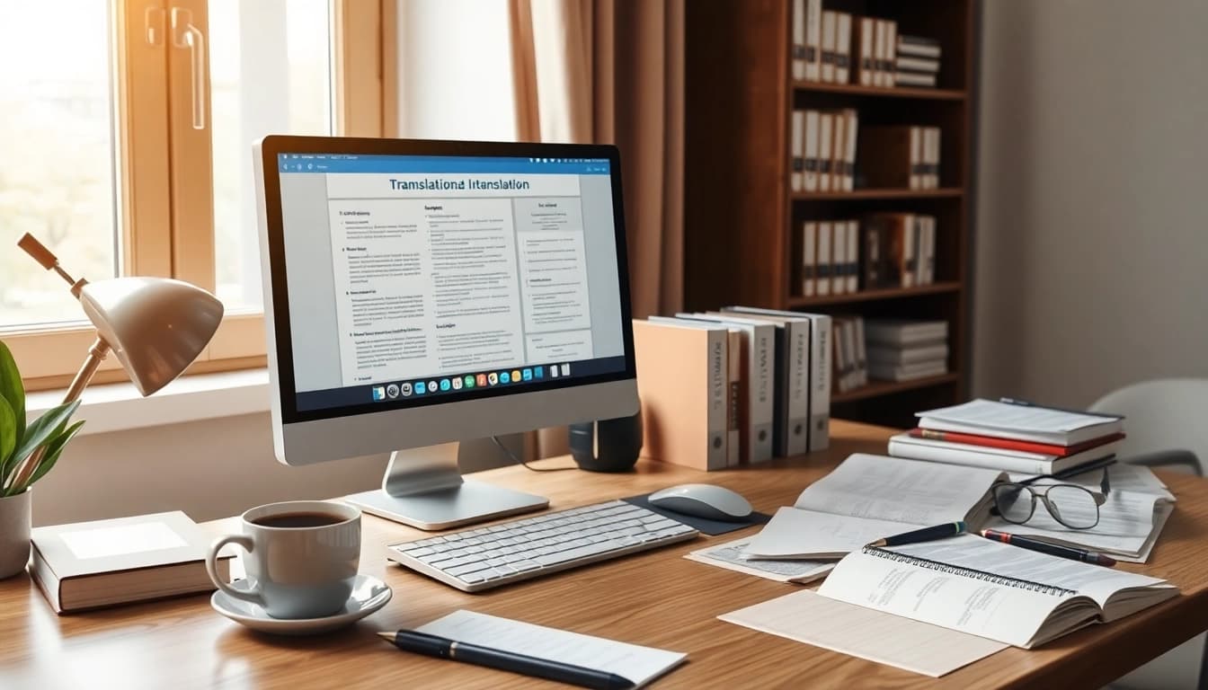 Professional workspace illustrating traduzione giurata with documents and translation tools.