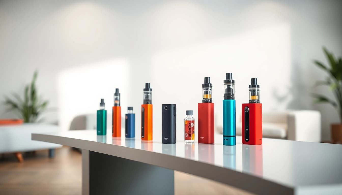 Vape ohne nikotin Geräte harmonisch präsentiert mit leuchtenden Farben in einer entspannenden Umgebung.