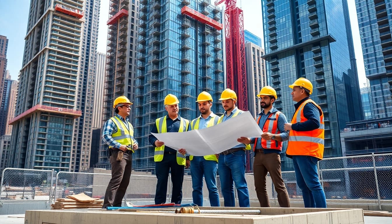 Manhattan Commercial General Contractor leads a diverse team at a busy construction site in NYC.