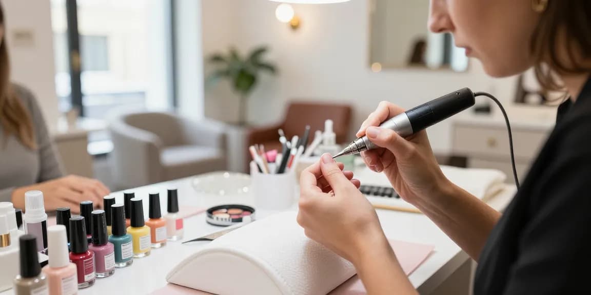 Tehnician de unghii profesionist folosind freza unghii electrica într-un mediu luminos de salon de frumusețe