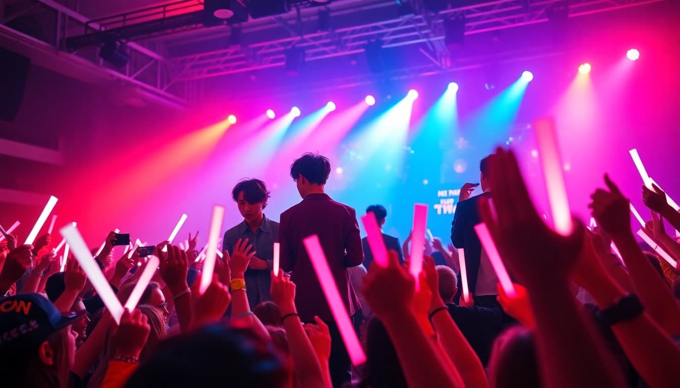 BTS news highlights members performing on stage with vibrant lights and engaged fans.