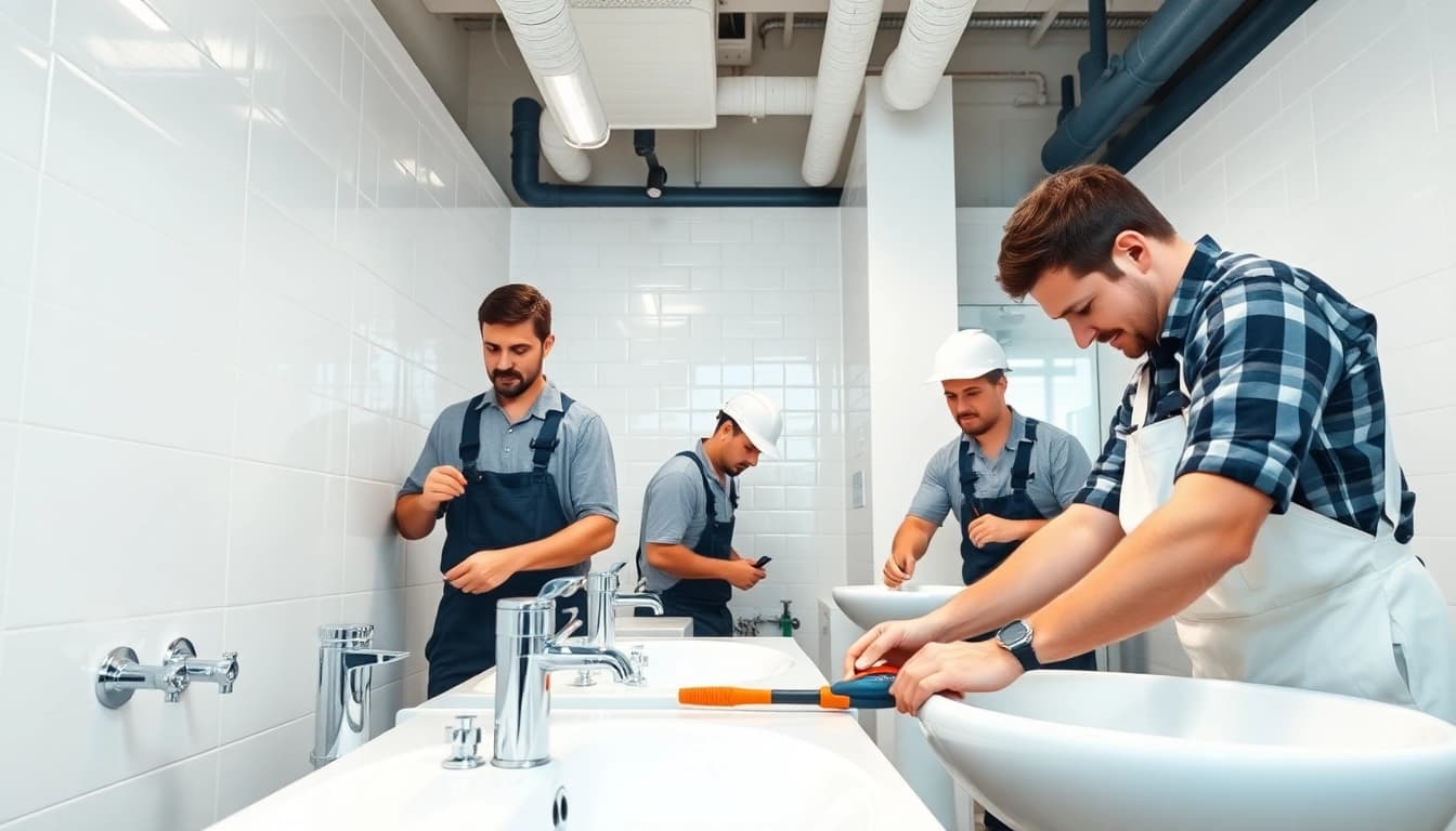 sonni sanitär GmbH focus on professional bathroom installations with skilled plumbers in action.