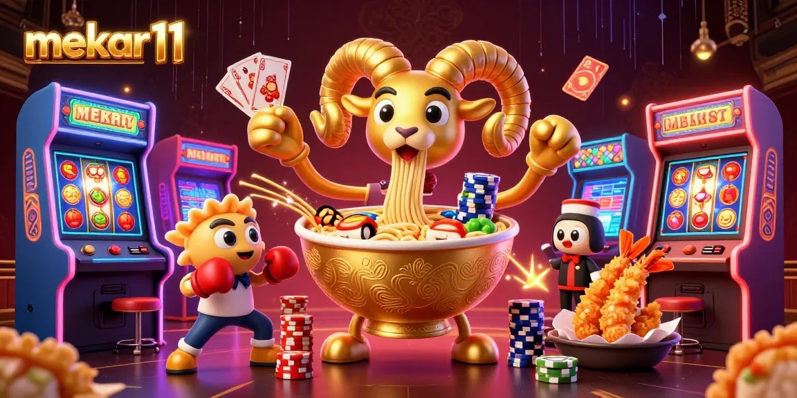 Engage with mekar11's vibrant casino scene showcasing a golden ramen bowl dealer amidst dynamic game elements.