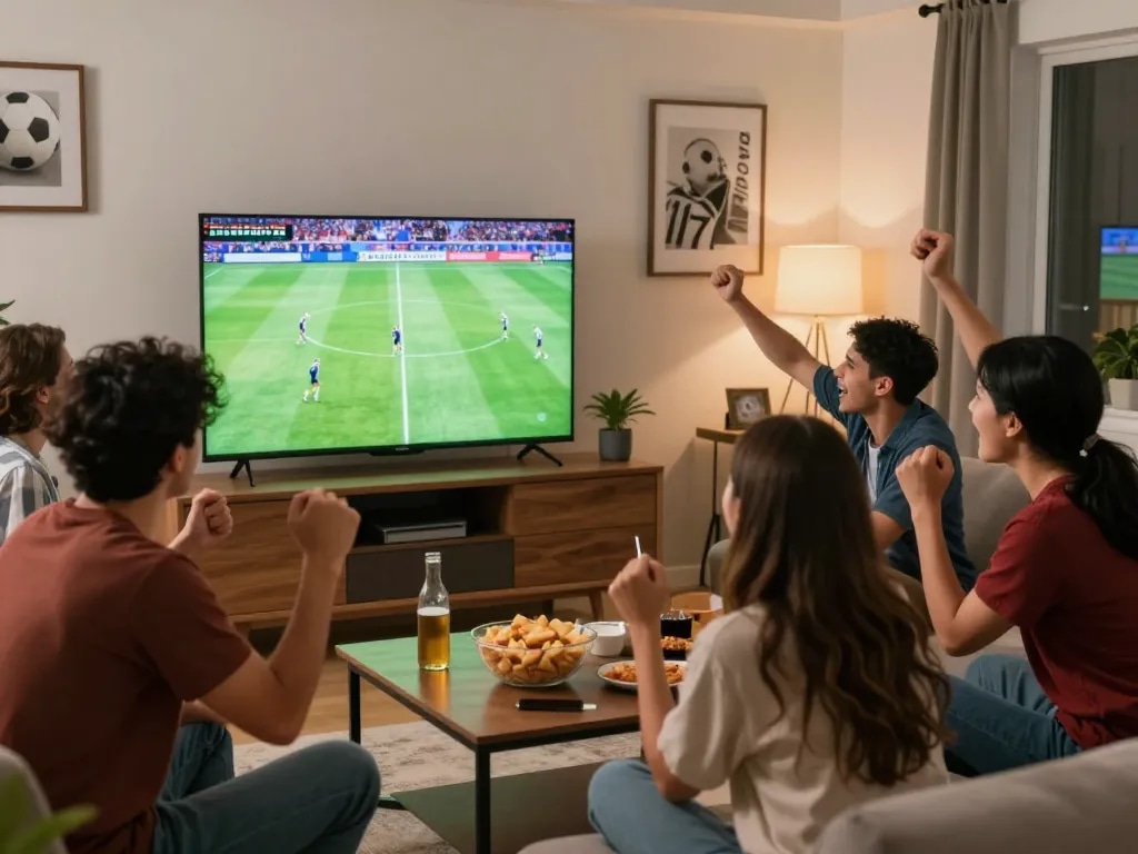 CàkhịaTV football match viewing party with friends in a lively living room atmosphere.