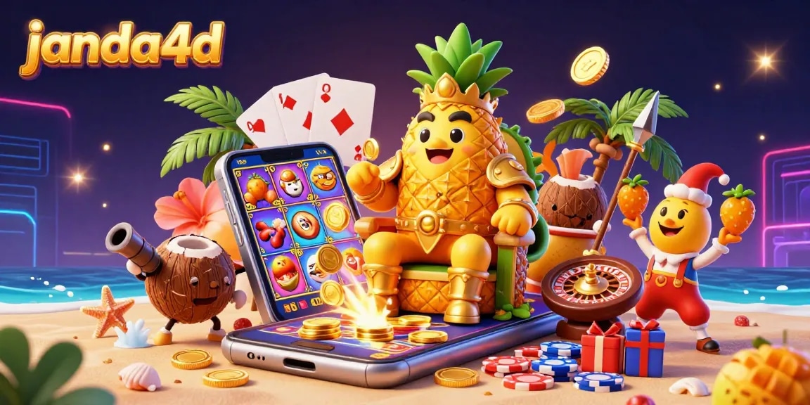 Gambarlah slot game janda4d dengan karakter raja nanas emas di kasino pantai yang ceria.