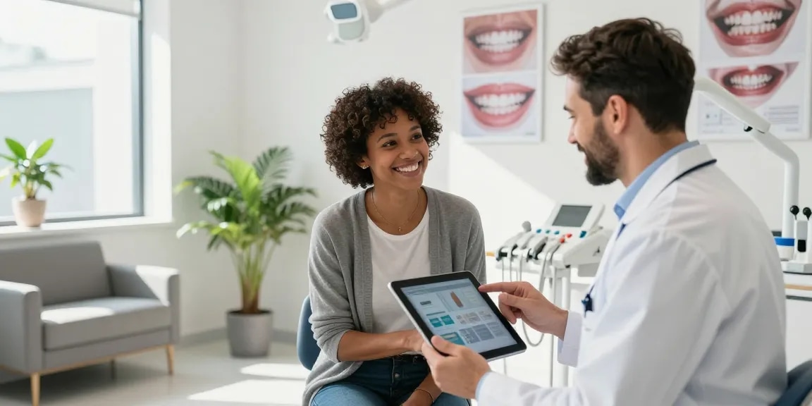 Adult orthodontic consultation showcasing Early orthodontic treatment Hawthorn options with smiling doctor and patient.