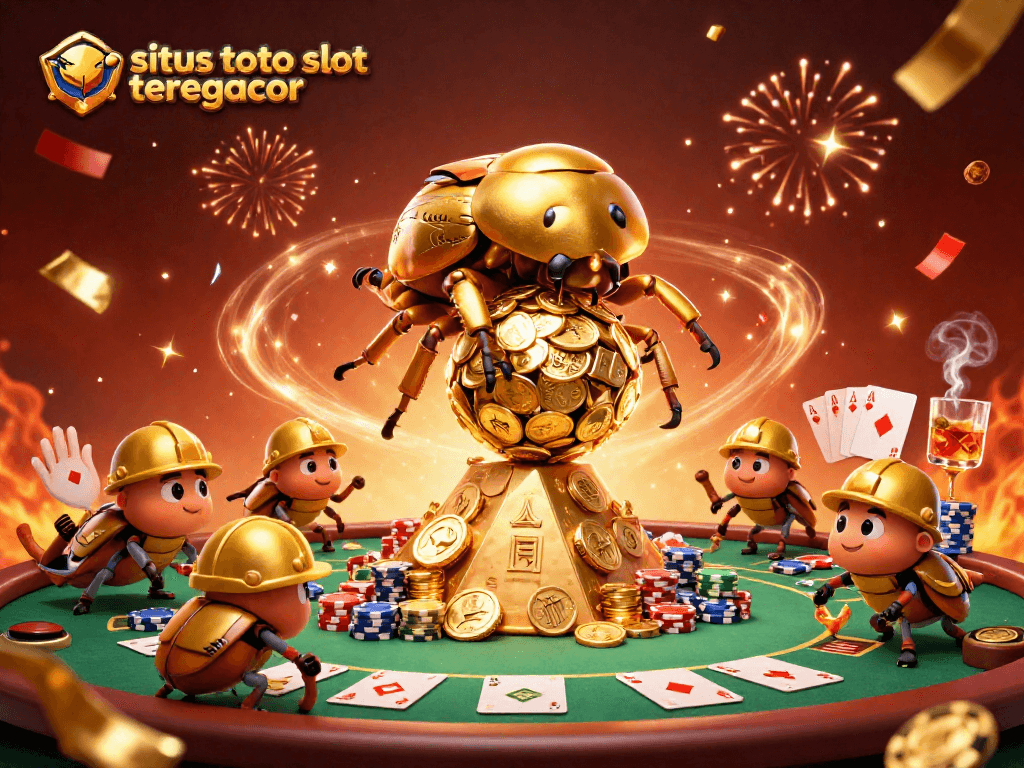 Engage with situs toto slot tergacor with vibrant 3D elements showcasing golden beetles and casino symbols.