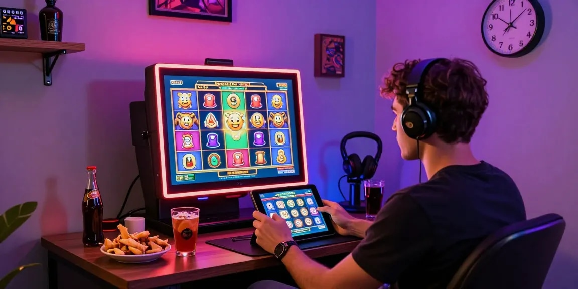 Engaging home scene of a player using a tablet for slot deposit 1k gaming, surrounded by snacks and neon lights.