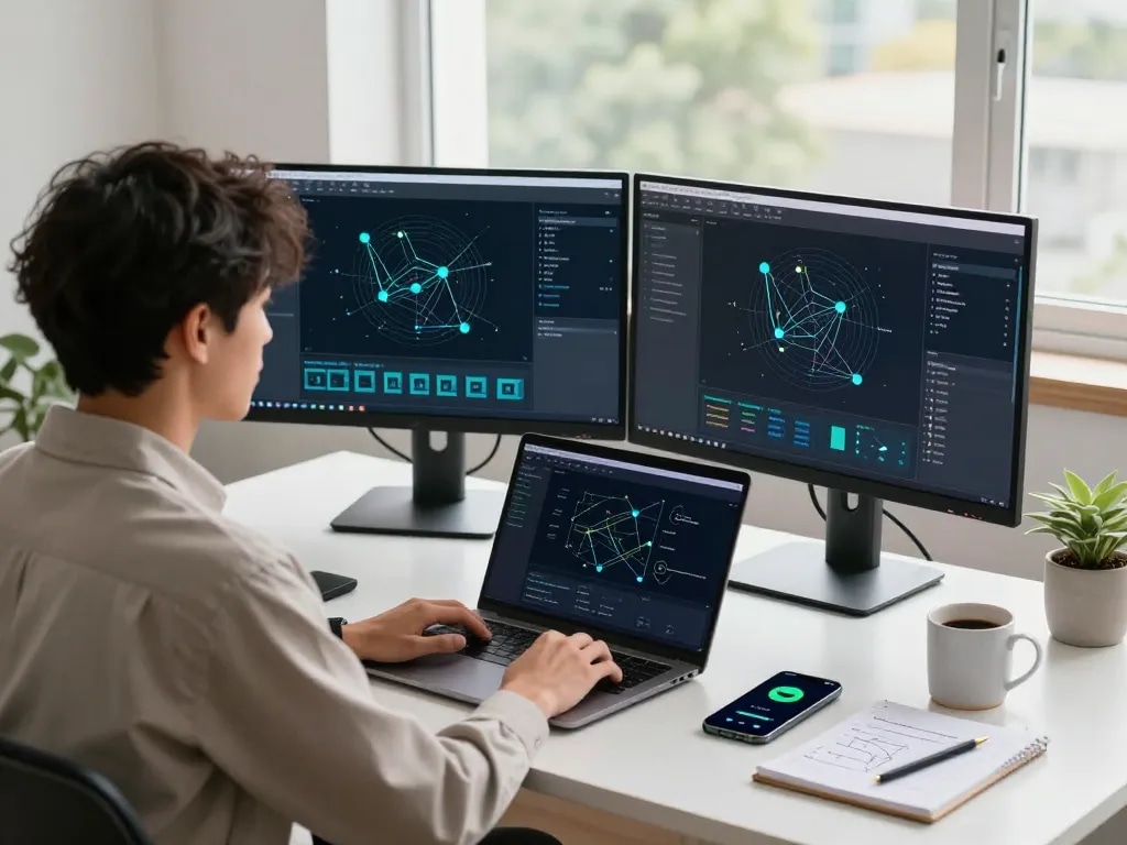 快连 user optimizing network performance in a modern office setting with dual monitors.