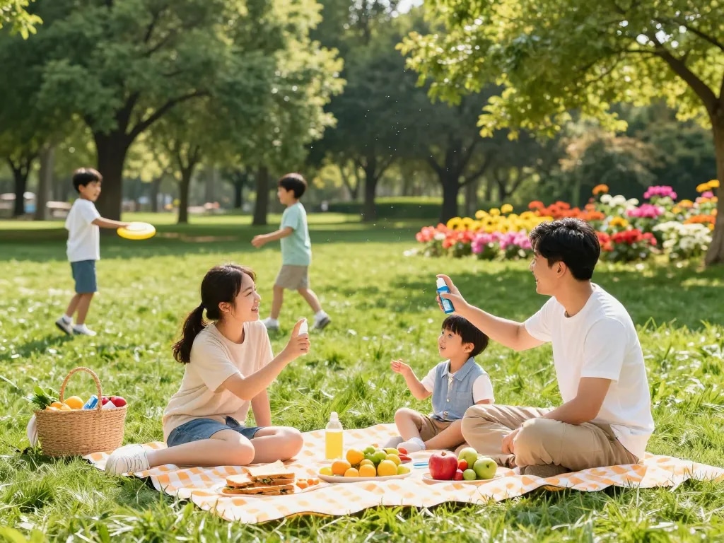 Family protecting themselves with mosquito repellent during a summer picnic.