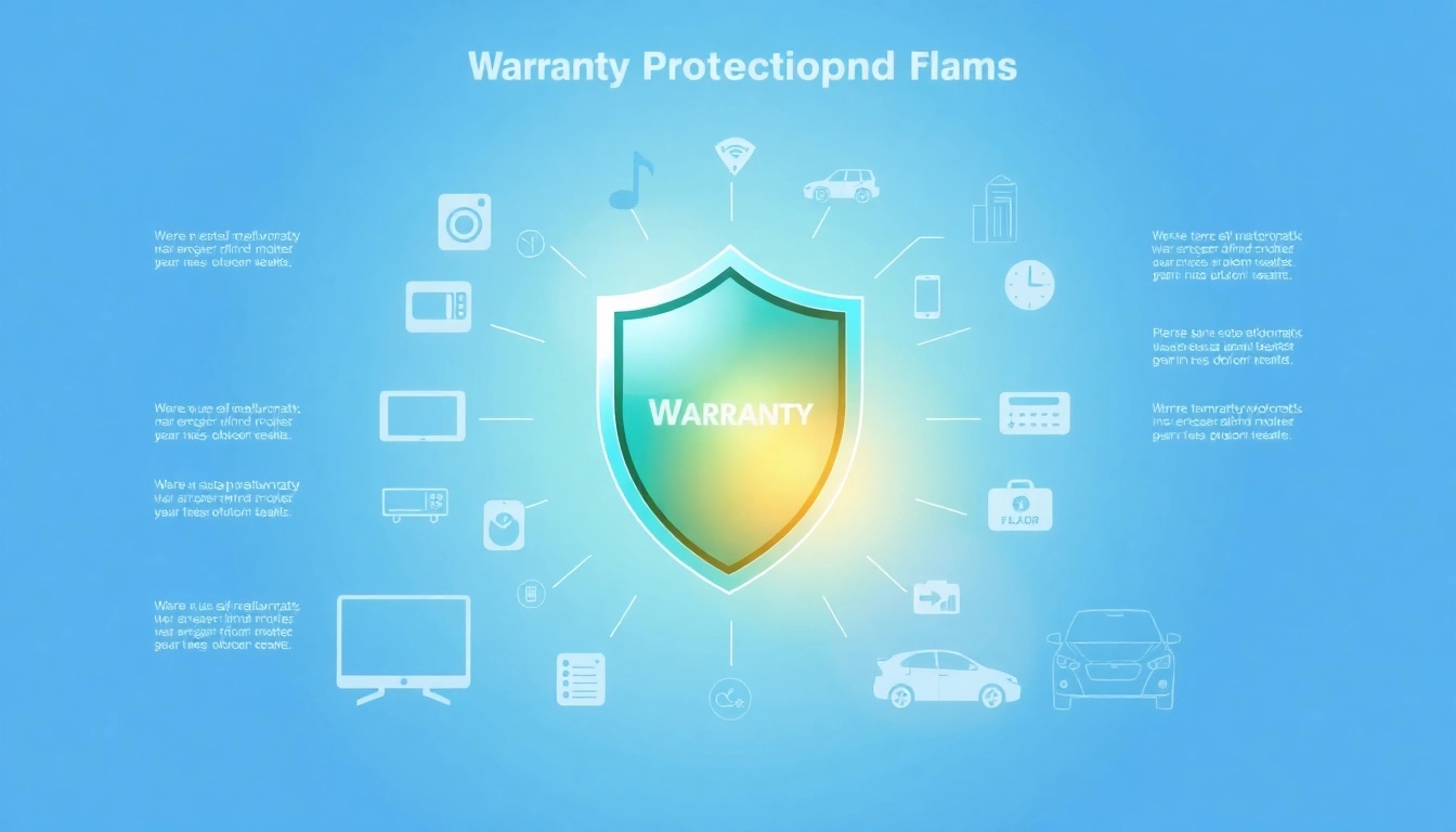 Illustration showcasing warranty protection plans with a shield and product icons for enhanced consumer safety.