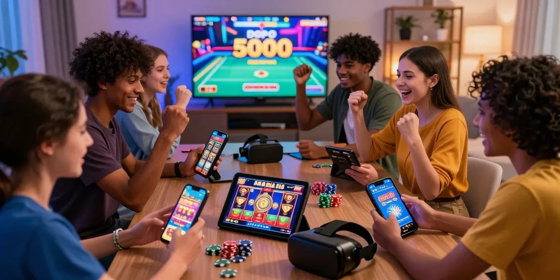 Players enjoying a thrilling slot depo 5000 game celebration with devices and gaming accessories.