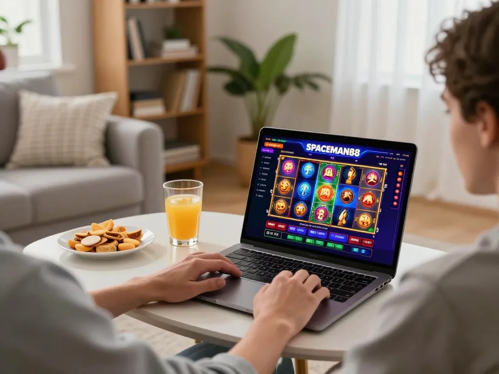 Sitting at home playing situs slot gacor online on a laptop, with cozy atmosphere and snacks nearby.