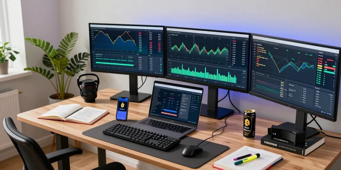 Dynamic cryptocurrency mining workspace showcasing advanced Bitcoin mining statistics on multiple screens and digital wallet, emphasizing security and innovation in a professional office.