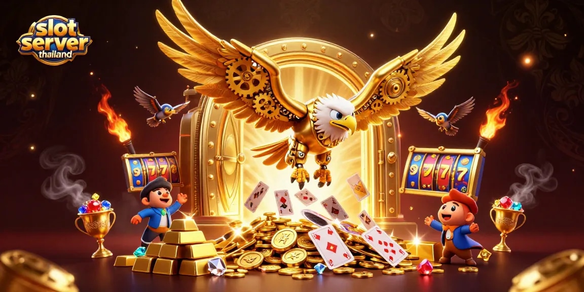 Experience thrilling wins with the slot server thailand as the golden eagle soars above vibrant slot reels.