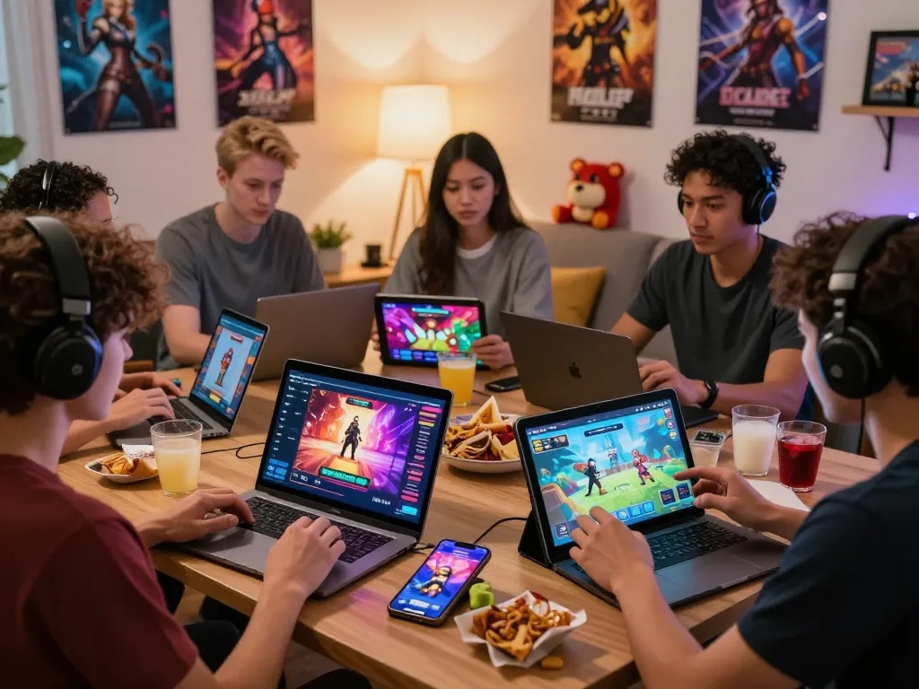Engaged players enjoying free sex games across various devices in a lively gaming setting.