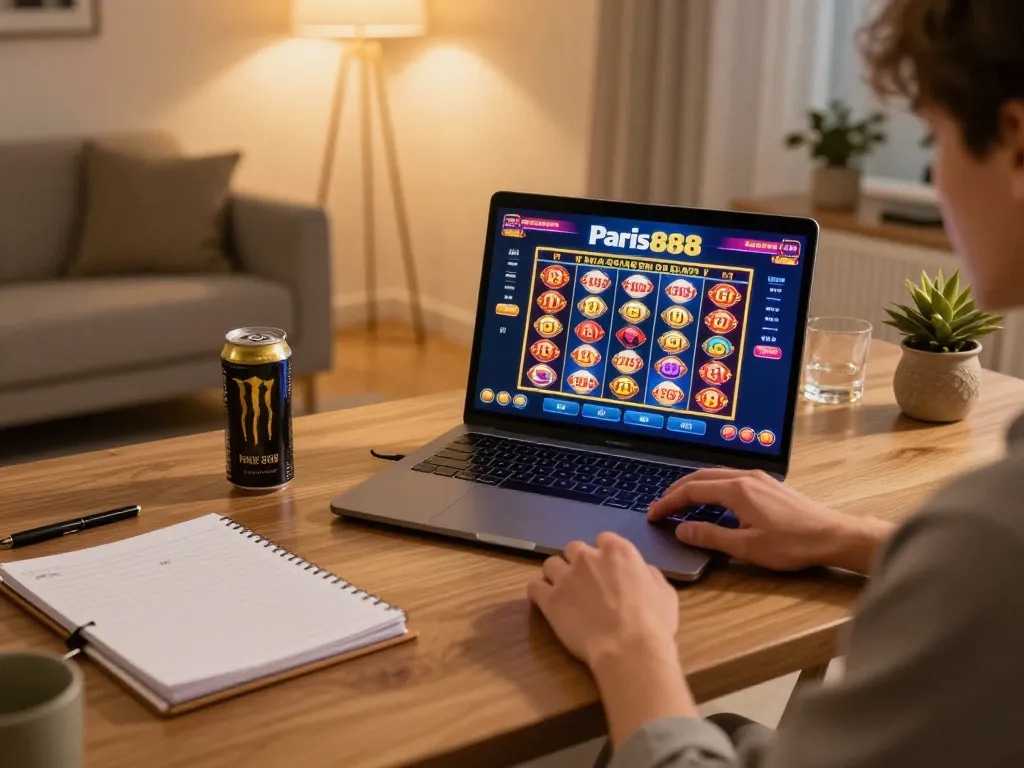 Engaged player exploring paris888's thrilling online slots in a stylish home office setup.
