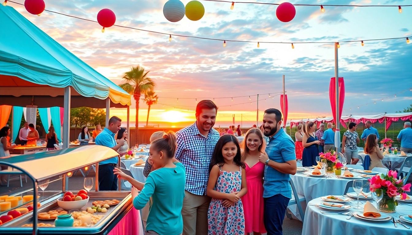 Delightful outdoor setup for Party Rentals Near Me featuring elegant decorations and happy guests.