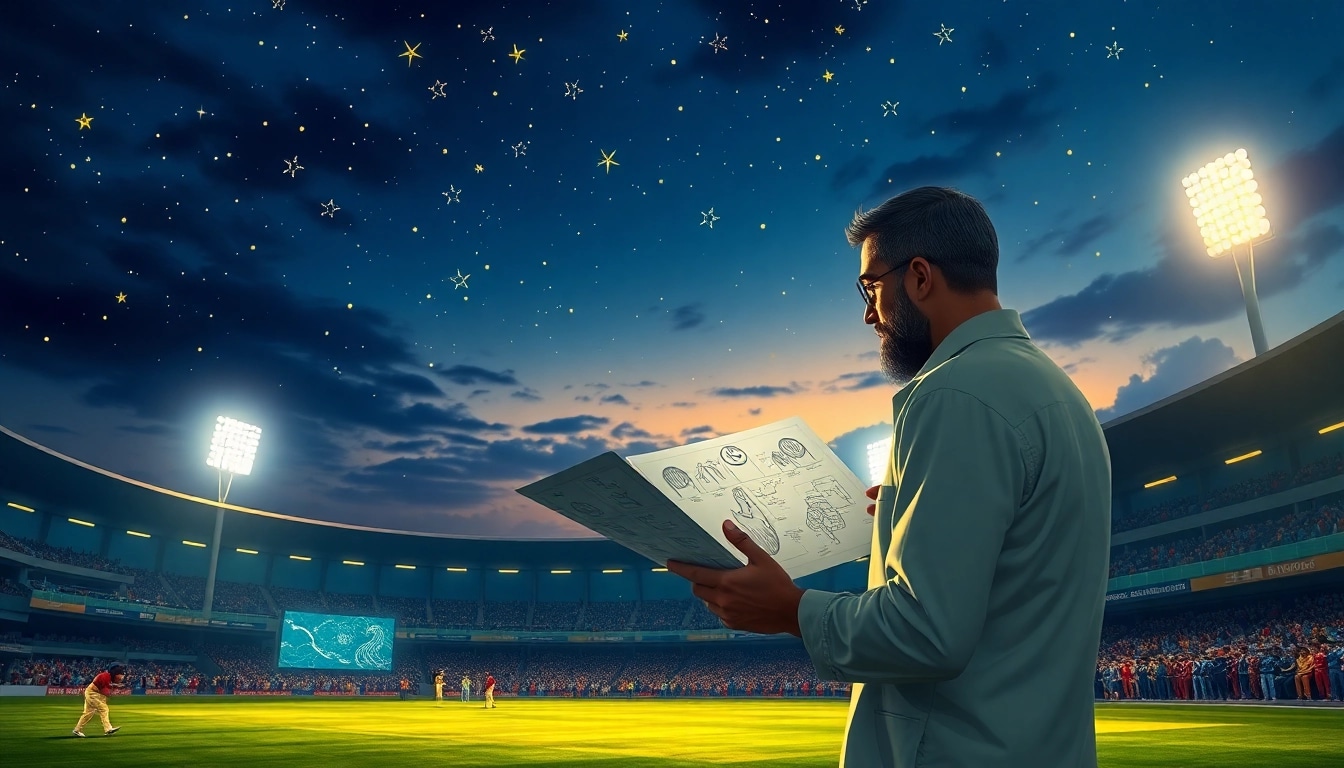 Engaging visual representation of ipl astrology prediction with an astrologer analyzing cricket trends under a starry night.