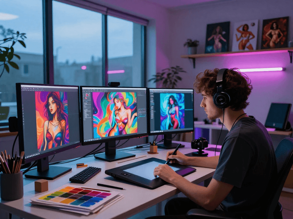 Innovative digital artist creating AI porn artworks in a vibrant studio setting.