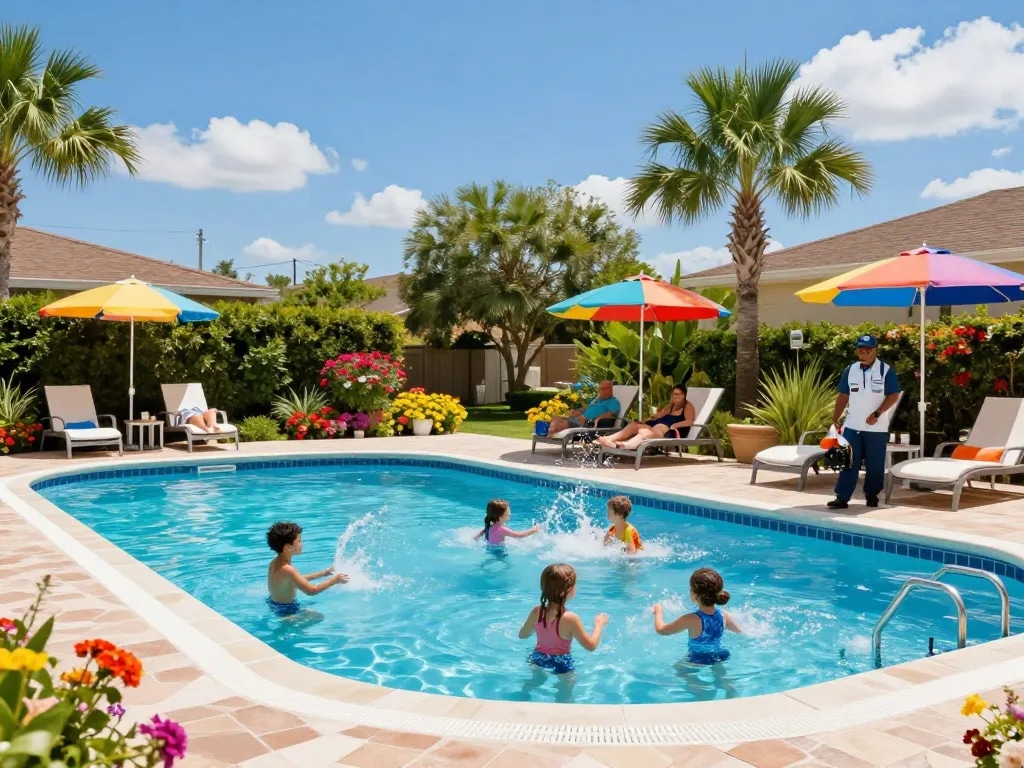 Dolphin Pool Services family enjoying a well-maintained pool with vibrant water surrounded by colorful landscaping.