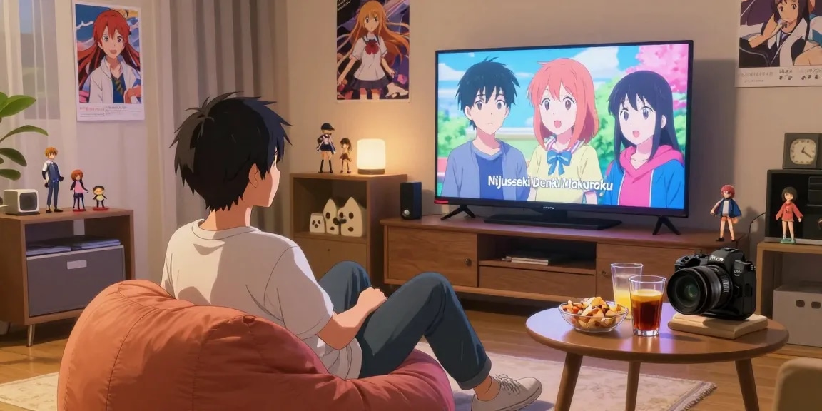 Penggemar anime menonton animeplay di ruang tamu yang nyaman dengan koleksi merchandise.
