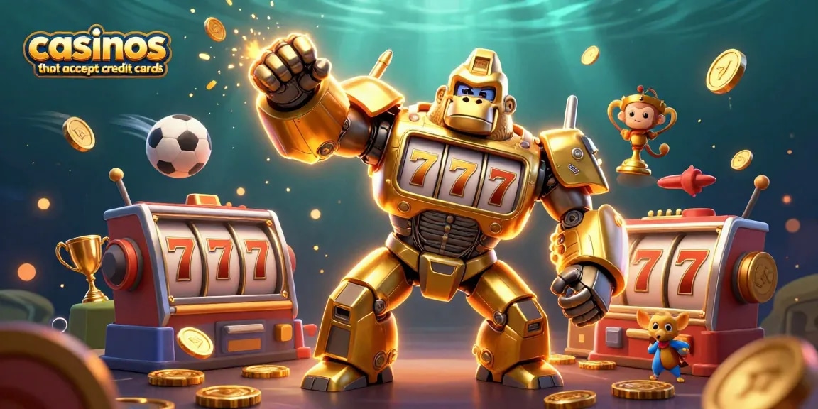 Gamble with excitement at casinos that accept credit cards featuring dynamic golden gorilla mech and vibrant game elements.