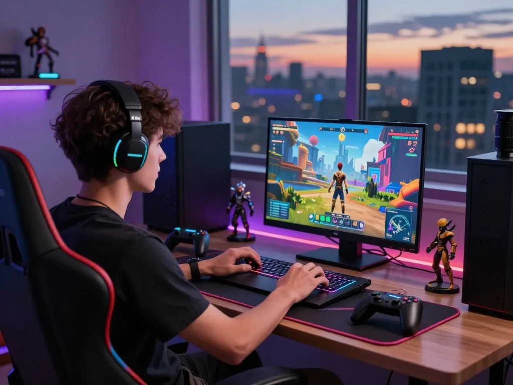Playing ai porn games on a gaming laptop with immersive graphics in a cozy atmosphere.