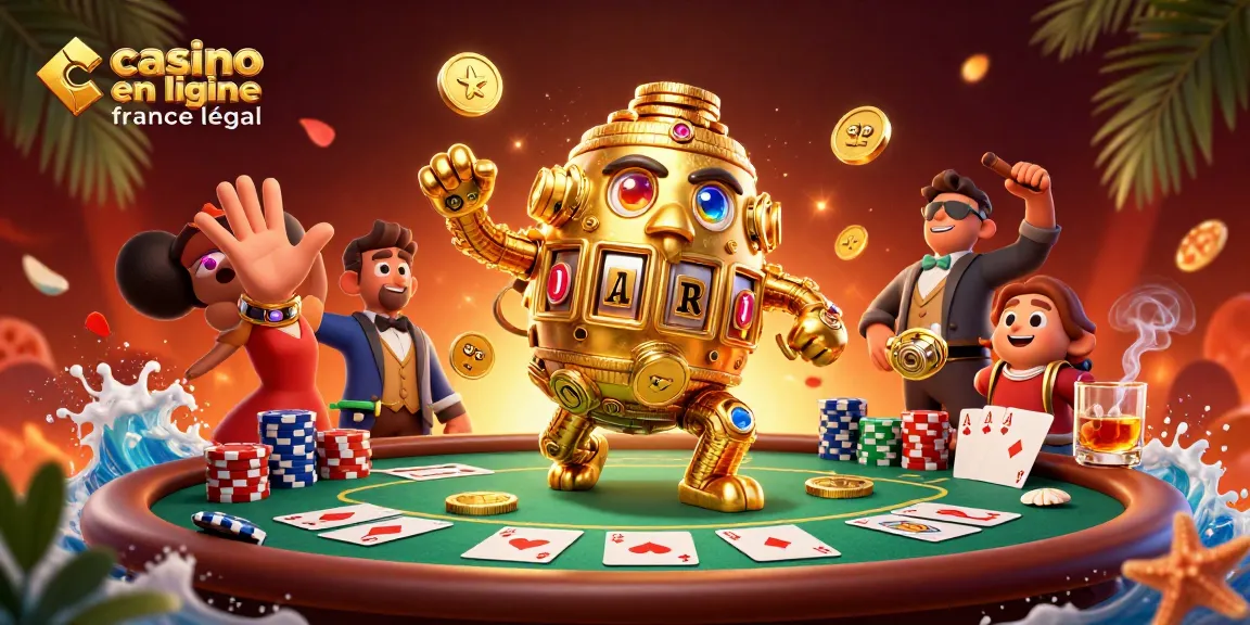 Illustration animée 3D d'un golem doré représentant un casino en ligne france légal avec des éléments de poker entourant une scène festive.