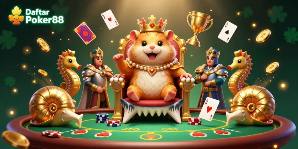 Engage with Daftar Poker88 as a golden hamster king rules a vibrant poker scene filled with excitement and game elements.