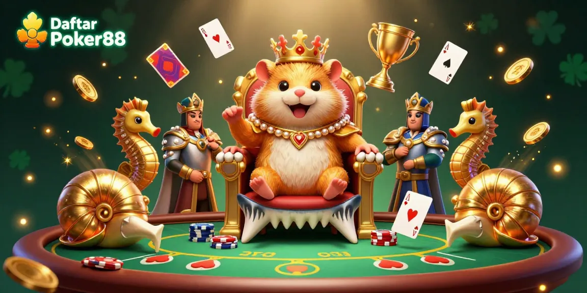 Engage with Daftar Poker88 as a golden hamster king rules a vibrant poker scene filled with excitement and game elements.