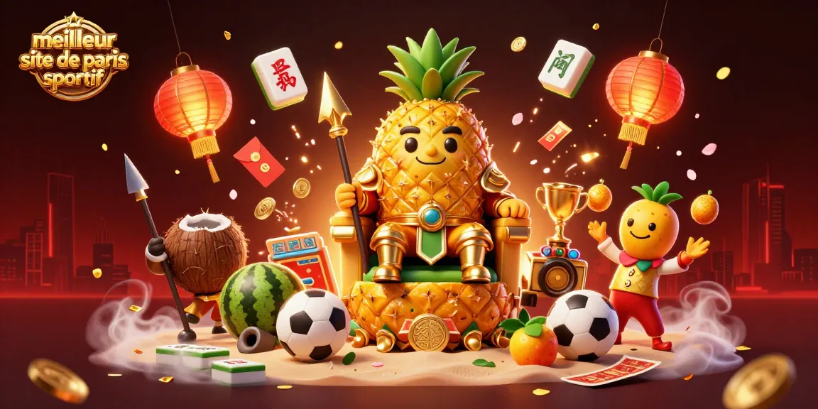 Visuel du meilleur site de paris sportif avec le roi ananas et des éléments de casino.