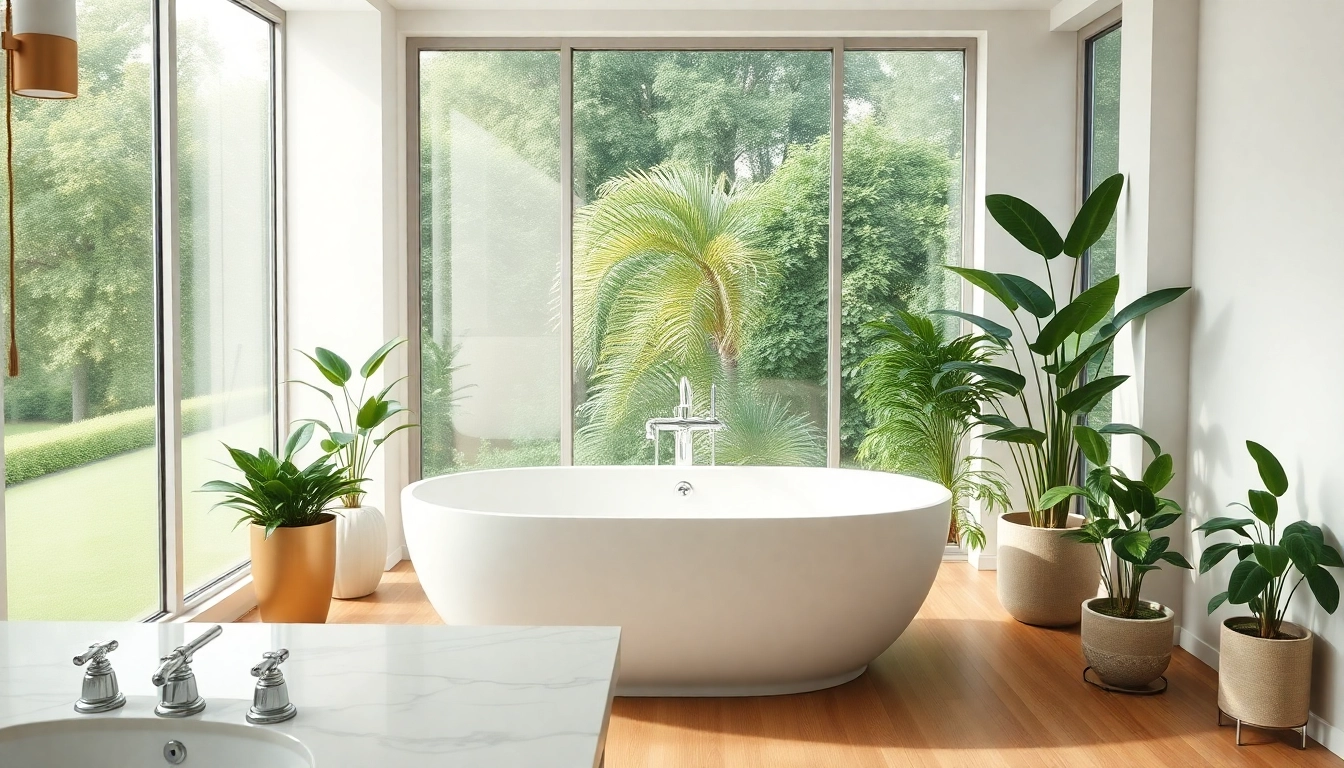Experience elegant bathrooms featuring a freestanding bathtub, potted plants, and modern design.