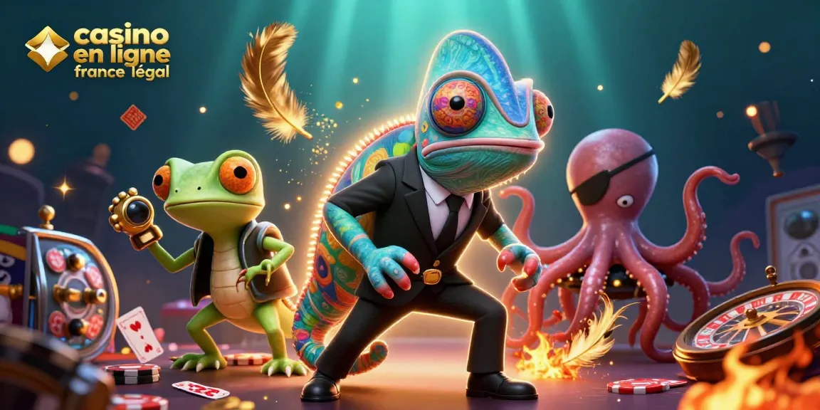 Jouez au casino en ligne légal en France avec des machines à sous et des cartes de poker autour d'un caméléon et d'un gecko.