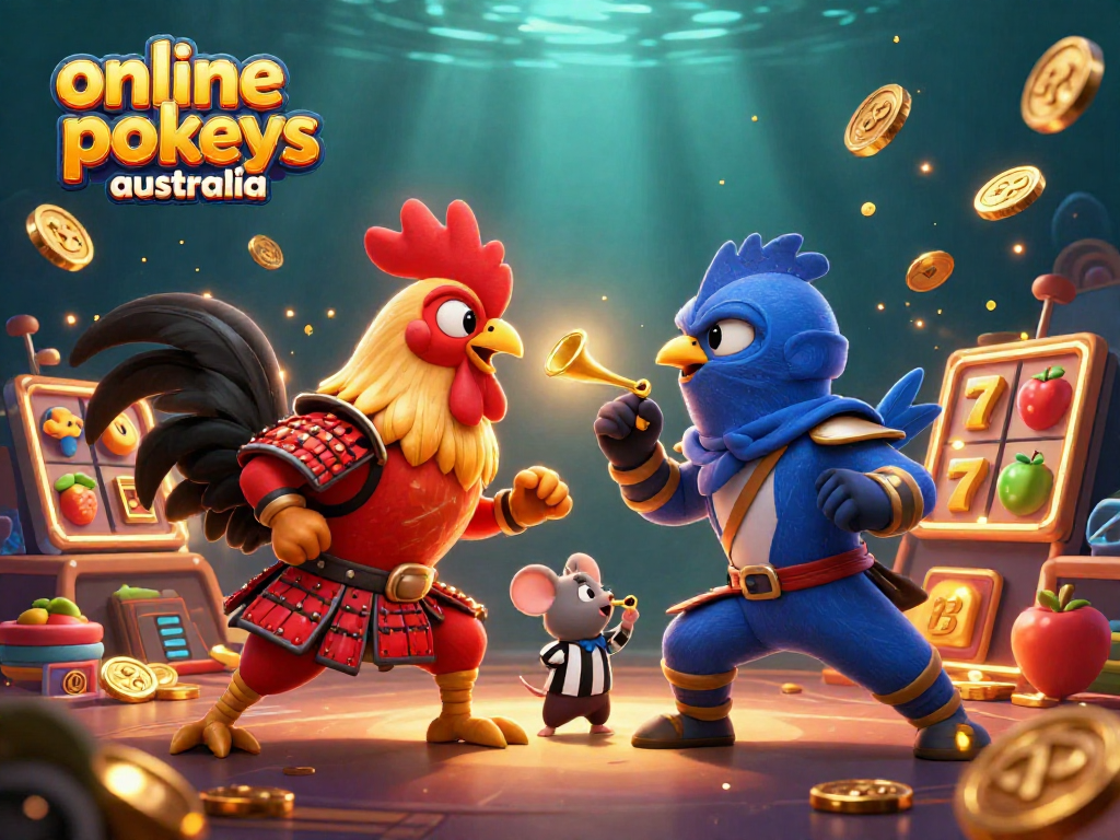 Experience thrilling action with online pokies australia showcasing spirited roosters in a dynamic casino scene.