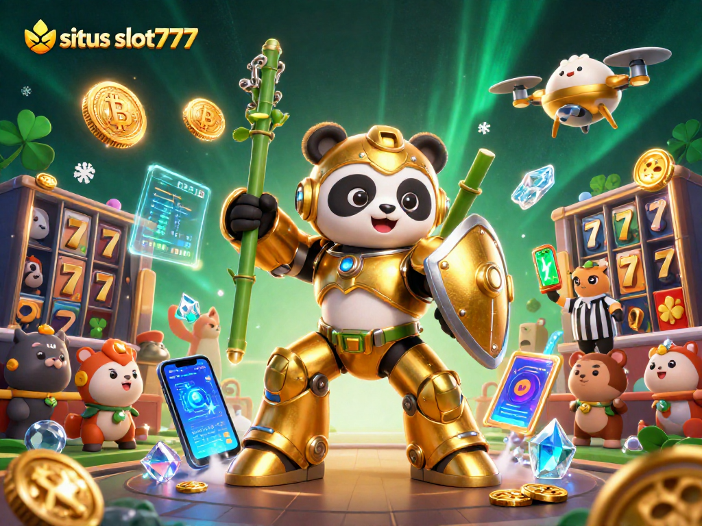 Engage in high-stakes action at situs slot777 with a dynamic illustration of a golden panda piloting a robot amidst vibrant slot reels.