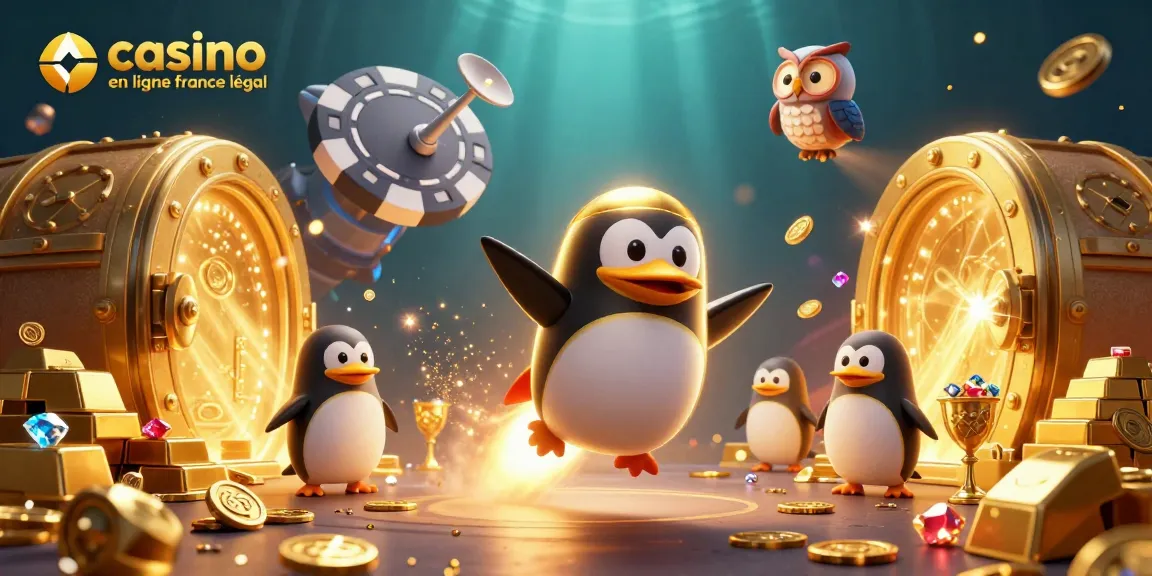 Illustration dynamique sur le casino en ligne France légal avec un pingouin doré et des trésors.