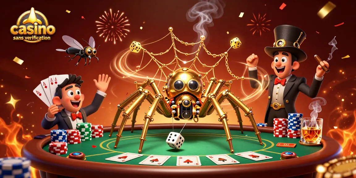 Illustration dynamique du casino sans vérification avec une araignée dorée, des jetons de poker et des confettis en fête.
