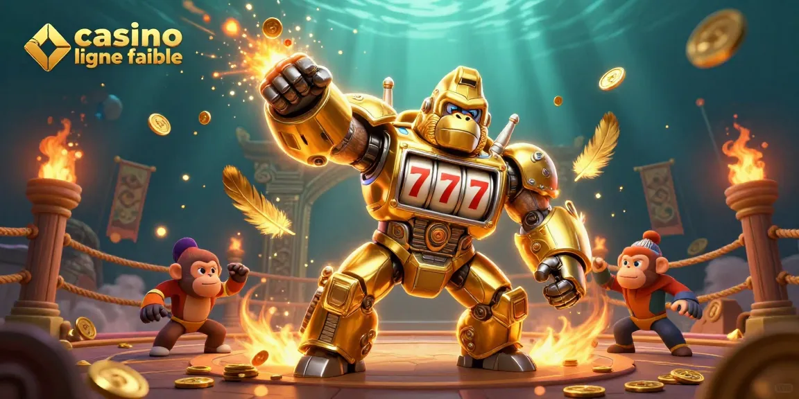Action intense avec un gorille mech doré lié au casino en ligne fiable, pièces d'or et ambiance dynamique.