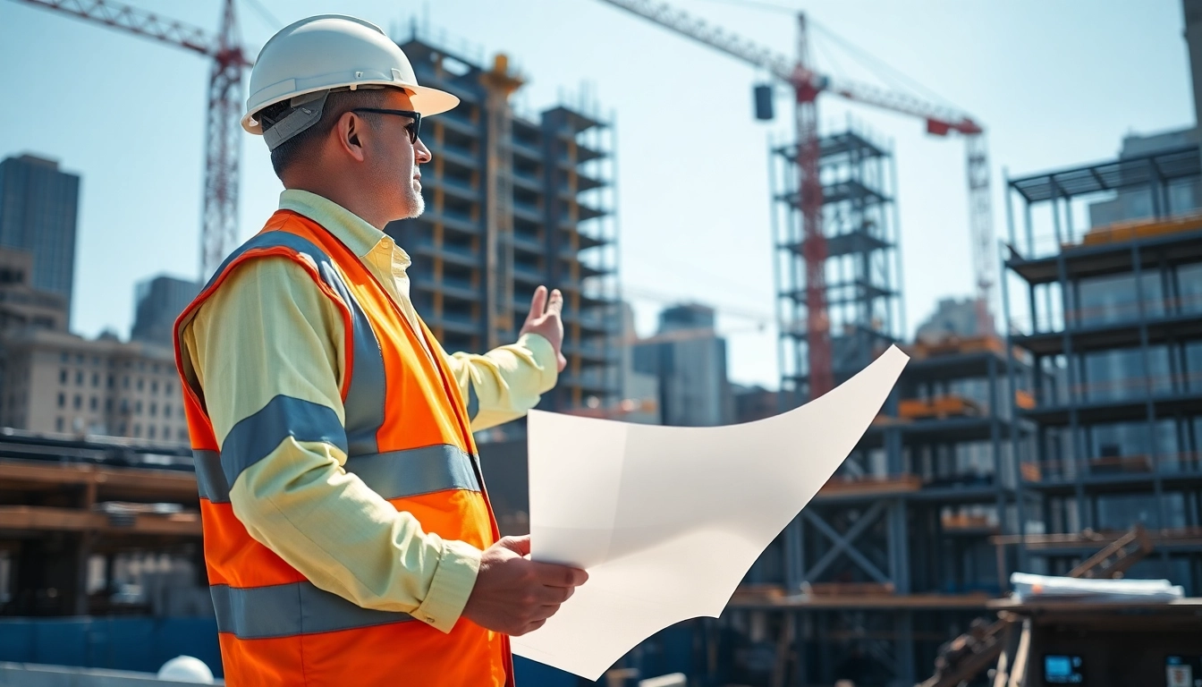 New York Construction Manager leading a project on a Manhattan construction site with blueprints in hand.