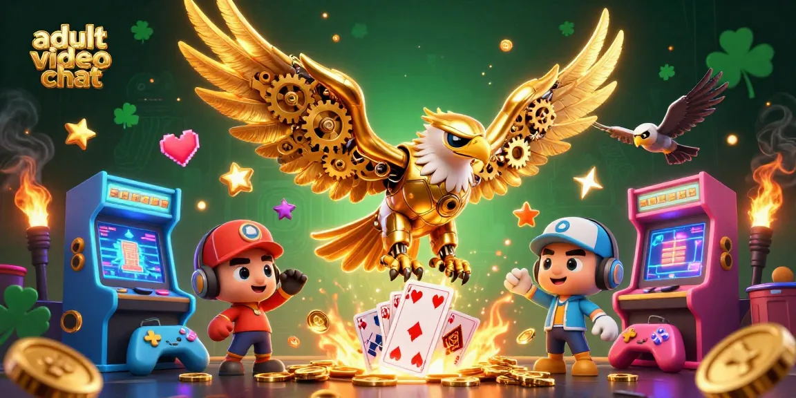 Engage in adult video chat with dynamic golden eagle amidst animated casino elements.