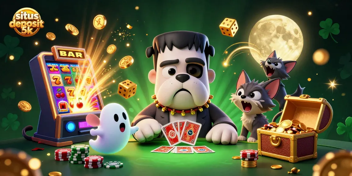Engage with situs deposit 5k through a spectacular scene featuring a 3D cartoon Frankenstein bulldog dealer and exciting game elements.